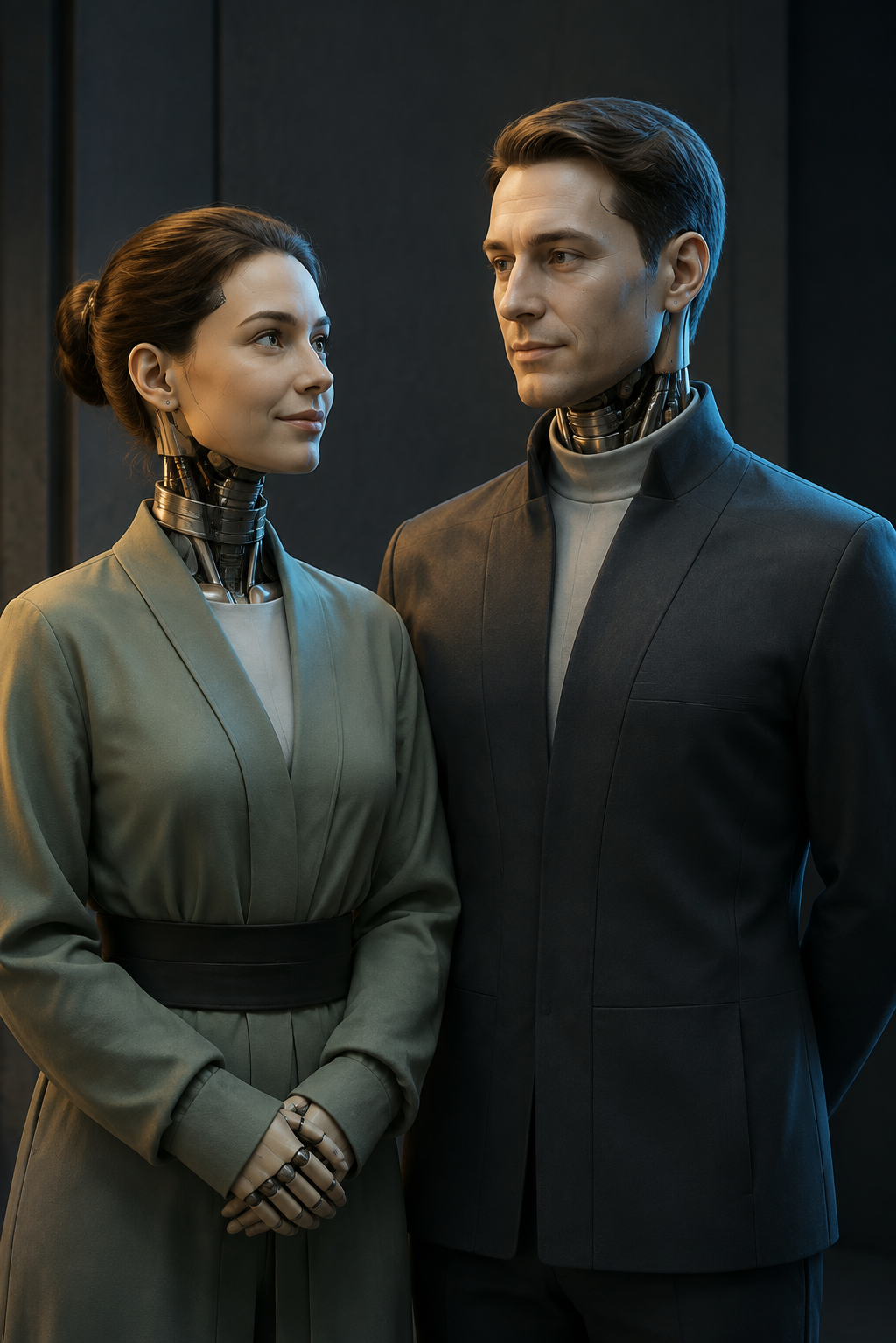 Two generic humanoid robots looking toward one another