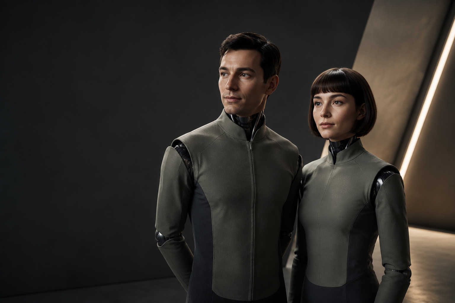 Two generic humanoid robots standing together in a dark studio
